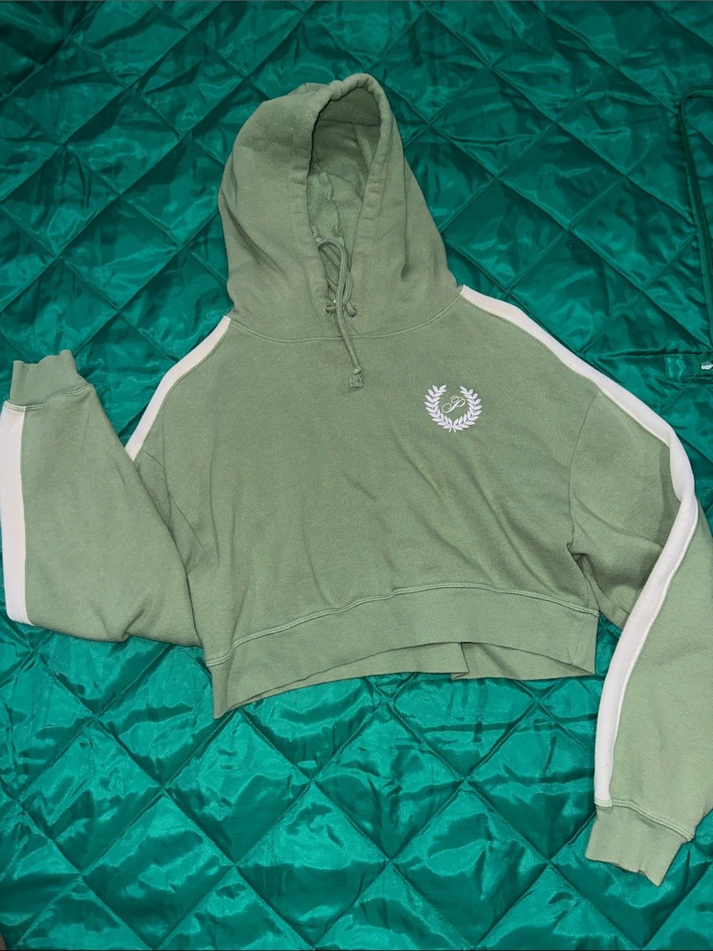 PINK Victoria's Secret Sage Green Cropped Hoodie with White Stripe